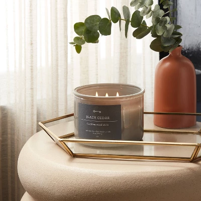 14oz Lidded Gray Glass Jar Crackling Wooden 3-Wick Candle With Paper Label Black Cedar - Threshold™ 3 14oz Lidded Gray Glass Jar Crackling Wooden 3-Wick Candle With Paper Label Black Cedar - Threshold™