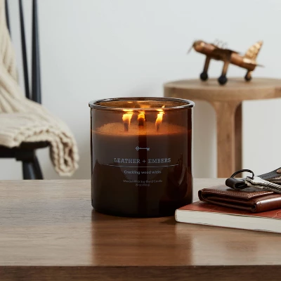 23oz XL 3-Wick Leather + Embers Wooden Amber Glass With Wood Lid And Stamped Logo Amber - Threshold™ 3 23oz XL 3-Wick Leather + Embers Wooden Amber Glass With Wood Lid And Stamped Logo Amber - Threshold™
